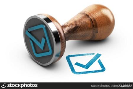 Blue check mark and rubber stamp over white background. 3d illustration.. Check mark and rubber stamp over white background.