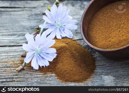 Blue chicory flower and a bowl of instant chicory powder on an old wooden table. Chicory powder. The concept of healthy eating a drink. Coffee substitute.. Blue chicory flower and a bowl of instant chicory powder on an old wooden table. Chicory powder. The concept of healthy eating a drink.