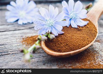 Blue chicory flower and a wooden spoon of chicory powder on an old wooden table. Chicory powder. The concept of healthy diet drink. Coffee substitute.. Blue chicory flower and a wooden spoon of chicory powder on an old wooden table. Chicory powder. The concept of healthy diet drink.