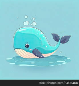 Blue childish whale on a color background. Colorful illustration. Generative AI