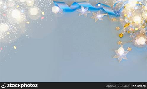 blue Christmas and new year background with stars light, banner with copy space. new year background