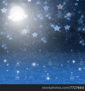 blue christmas  and new years night with snow and moon  background. christmas snowy night  background
