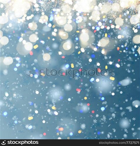 blue christmas and new years snow background with colorful bokeh. christmas snow background