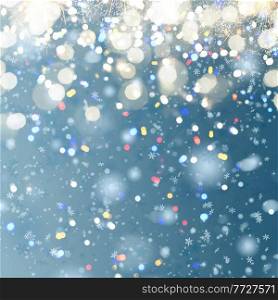 blue christmas and new years snow background with colorful bokeh. christmas snow background