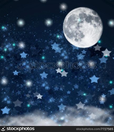 blue christmas and new years stars on blue with full moon and clouds background. christmas stars and moon background