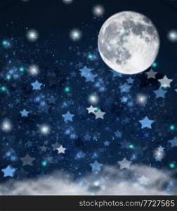 blue christmas and new years stars on blue with full moon and clouds background. christmas stars and moon background