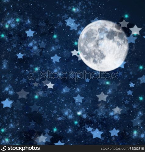 blue christmas and new years stars on blue with full moon background . christmas stars and moon background