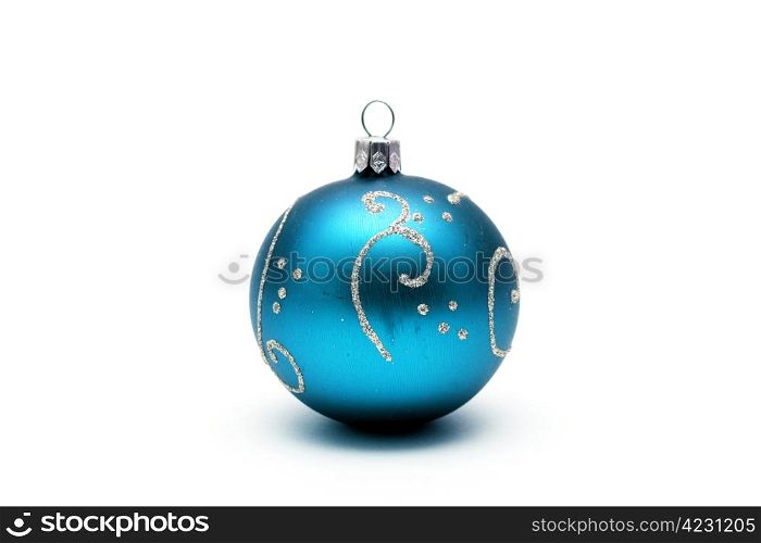 Blue christmas ball with silver pattern isolated on white background