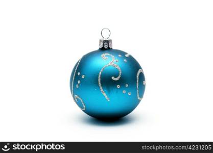 Blue christmas ball with silver pattern isolated on white background
