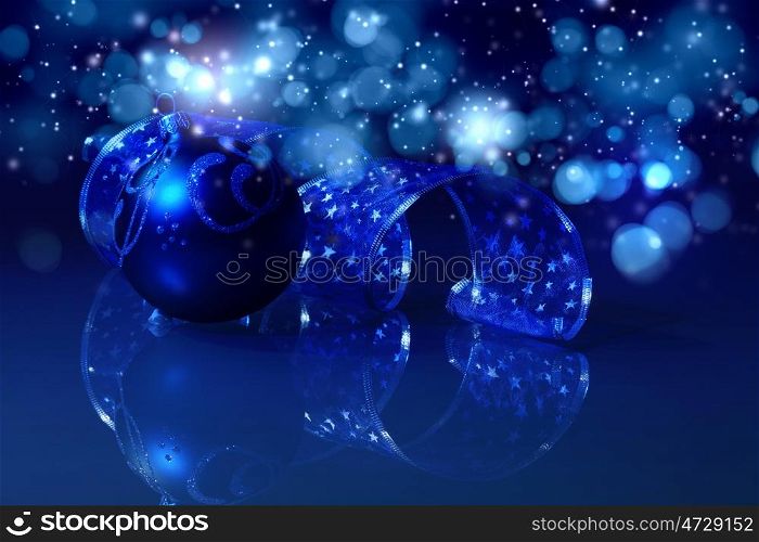 Blue Christmas collage. Blue Christmas collage. Decorations and ribbons on a blue background