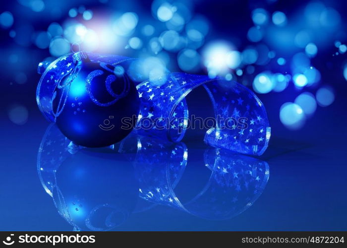 Blue Christmas collage. Blue Christmas collage. Decorations and ribbons on a blue background