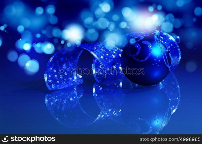 Blue Christmas collage. Blue Christmas collage. Decorations and ribbons on a blue background