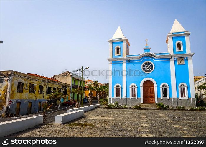 Blue church in Sao Filipe, Fogo Island, Cape Verde, Africa. Blue church in Sao Filipe, Fogo Island, Cape Verde
