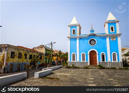 Blue church in Sao Filipe, Fogo Island, Cape Verde, Africa. Blue church in Sao Filipe, Fogo Island, Cape Verde