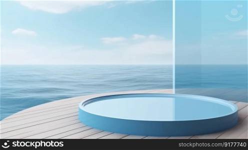 Blue circle podium on ocean background. Illustration Generative AI 