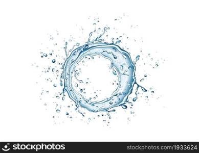 Blue circle water splash and drops isolated on white background. Pure aqua and bubbles. Vector texture.