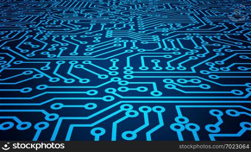 Blue circuit board pattern texture. High-tech background in digital computer technology concept. 3d abstract illustration.