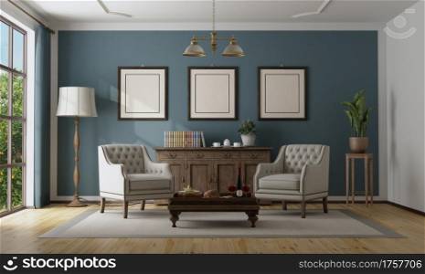Blue classic interior with elegant armchair and wooden sideboard - 3d rendering. Blue classic interior with elegant furniture