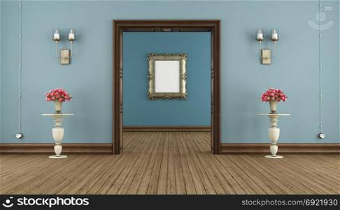 Blue classic room. Blue retro room with wooden portal and classic frame on background - 3d rendering