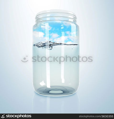 Blue clean ocean wave inside a glass jar