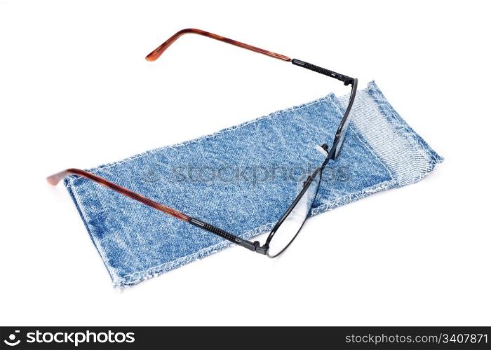 blue cloth case with specs isolated on white background