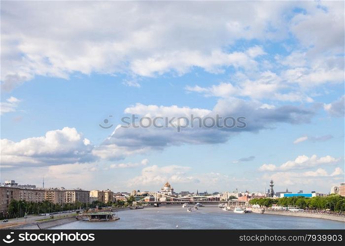 blue cloudy sky over Moscow city and Moskva River, Russia
