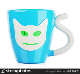 blue coffee cup with cat ornament, isolated 3d illustration