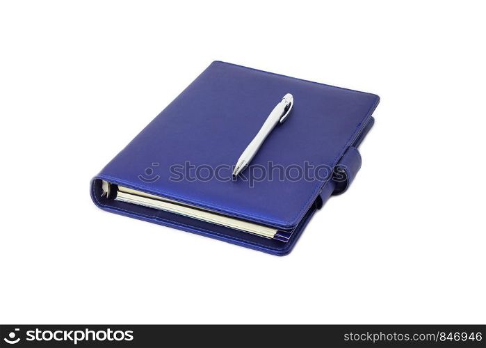 Blue collar diary and pen placed on cover and white background.