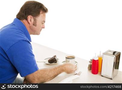 Blue collar worker having cake and coffee at a diner. White background with room for text.