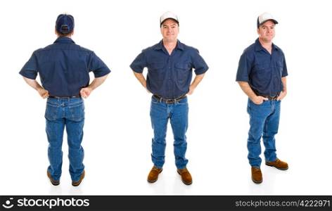 Blue collar worker. Three full body views with different perspectives and expression, isolated on white background.
