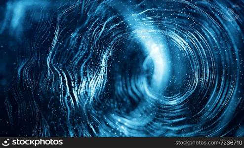 Blue color digital particles wave flow and twist abstract motion technology background concept