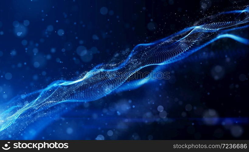 Blue color digital particles wave flow cyberspace abstract motion technology background concept