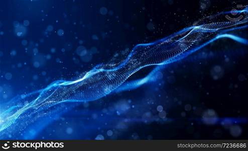 Blue color digital particles wave flow cyberspace abstract motion technology background concept