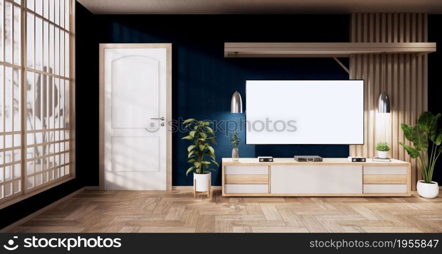 blue color room design interior with door paper and cabinet shelf wall on tatami mat floor room japanese style. 3D rendering