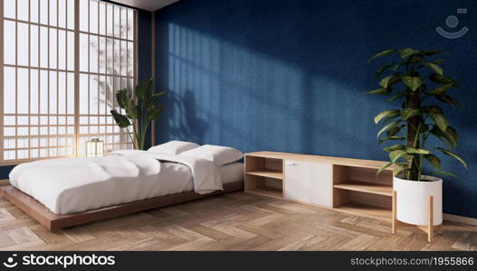 blue color room design interior with door paper and cabinet shelf wall on tatami mat floor room japanese style. 3D rendering