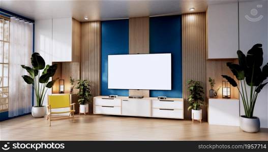 blue color room design interior with door paper and cabinet shelf wall on tatami mat floor room japanese style. 3D rendering