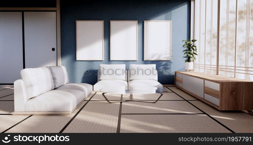 blue color room design interior with door paper and cabinet shelf wall on tatami mat floor room japanese style. 3D rendering