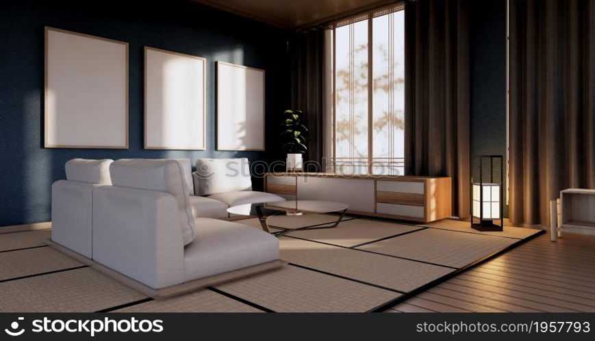 blue color room design interior with door paper and cabinet shelf wall on tatami mat floor room japanese style. 3D rendering