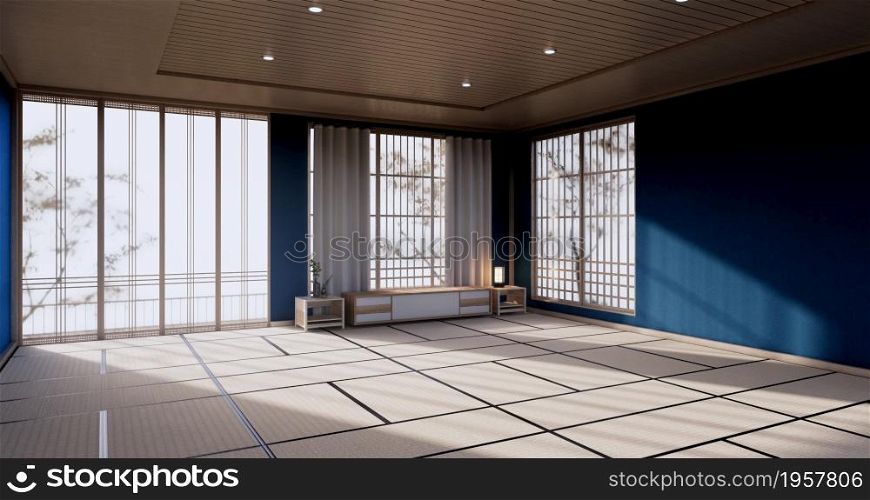 blue color room design interior with door paper and cabinet shelf wall on tatami mat floor room japanese style. 3D rendering