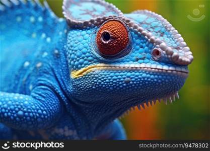 Blue colored chameleon close up. Generative AI