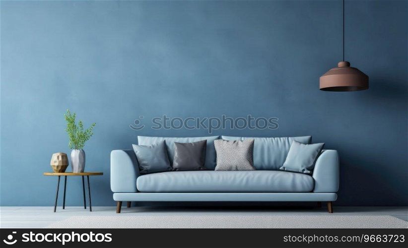 Blue colored wall with white sofa, in the style of light sky-blue minimalist backgrounds.