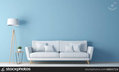 Blue colored wall with white sofa, in the style of light sky-blue minimalist backgrounds.