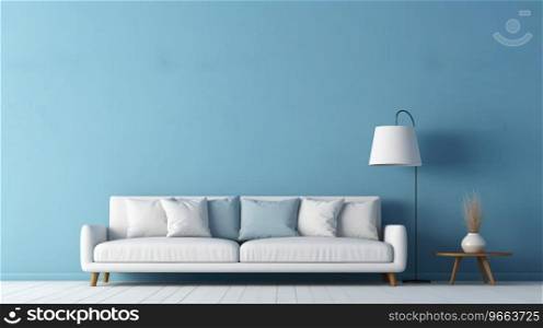 Blue colored wall with white sofa, in the style of light sky-blue minimalist backgrounds.