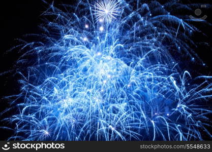 Blue colorful fireworks on the black sky background