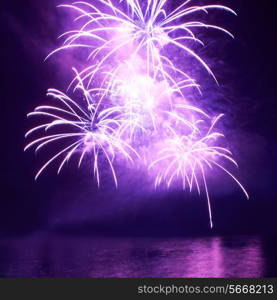 Blue colorful fireworks on the black sky background