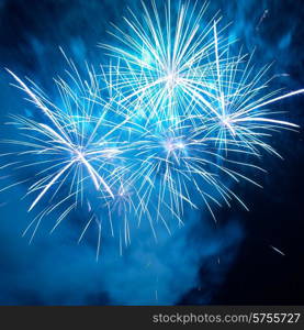 Blue colorful fireworks on the black sky background. Holiday celebration.