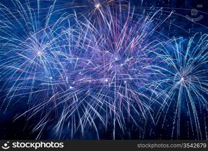 Blue colorful holiday fireworks on the black sky background.