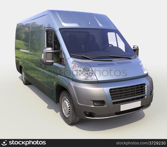 Blue commercial delivery van on a gray background