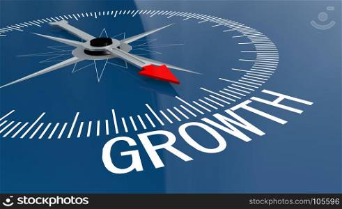 Blue compass with growth word, 3D rendering