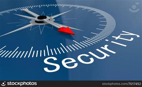 Blue compass with Security word, 3D rendering